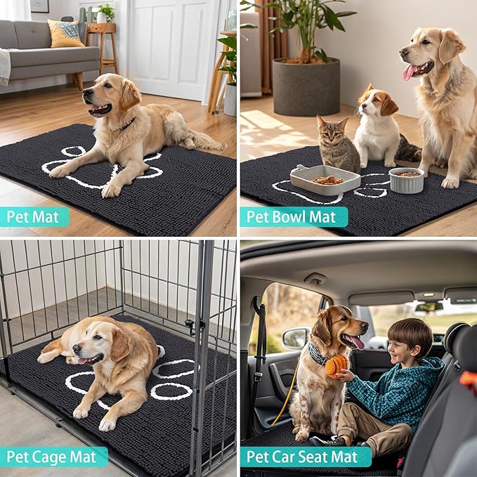 Smiry Dog Door Mat for Muddy Paws, Absorbent Dirt Trapper Non Slip Quick Dry Washable Chenille Mat for Mud Dogs, Entry Rug for Indoor and Outdoor (47x24 Inches, Black and White)