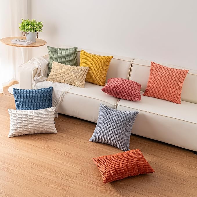 Pack of 2 Corduroy Decorative Throw Pillow Covers 12x20 Inch Soft Striped Pillow Covers Modern Farmhouse Home Decor for Sofa Living Room Couch Bed（White）