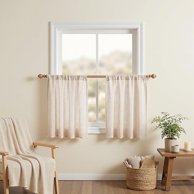 MYSKY HOME Linen Curtains 30 Inch Length for Kitchen Window, Semi Sheer Light Filtering Cafe Curtain Tiers Rod Pocket Short Country Decor Drapes for Basement/Small Window, Linen, 2 Panels, 34 x 30 in