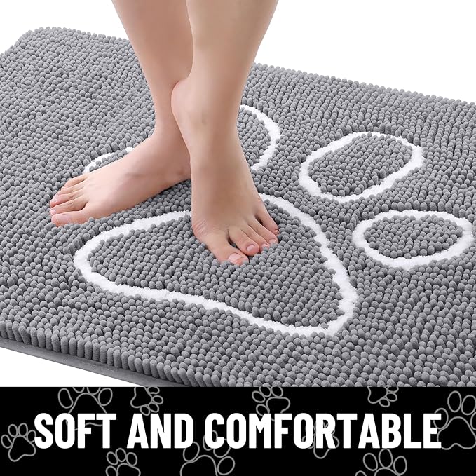 Smiry Dog Door Mat for Muddy Paws, Absorbent Dirt Trapper Non Slip Quick Dry Washable Chenille Mat for Mud Dogs, Entry Rug for Indoor and Outdoor (36x24 Inches, Grey and White)