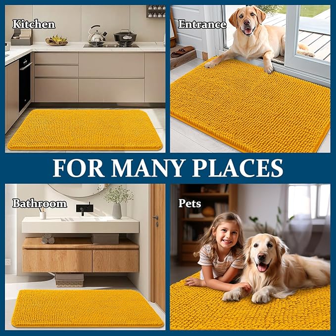 OLANLY Dog Door Mat for Muddy Paws 59x20, Absorbs Moisture and Dirt, Absorbent Non-Slip Washable Doormat, Quick Dry Chenille Mud Mat, Entry Indoor Entryway Carpet for Inside Floor, Golden Yellow