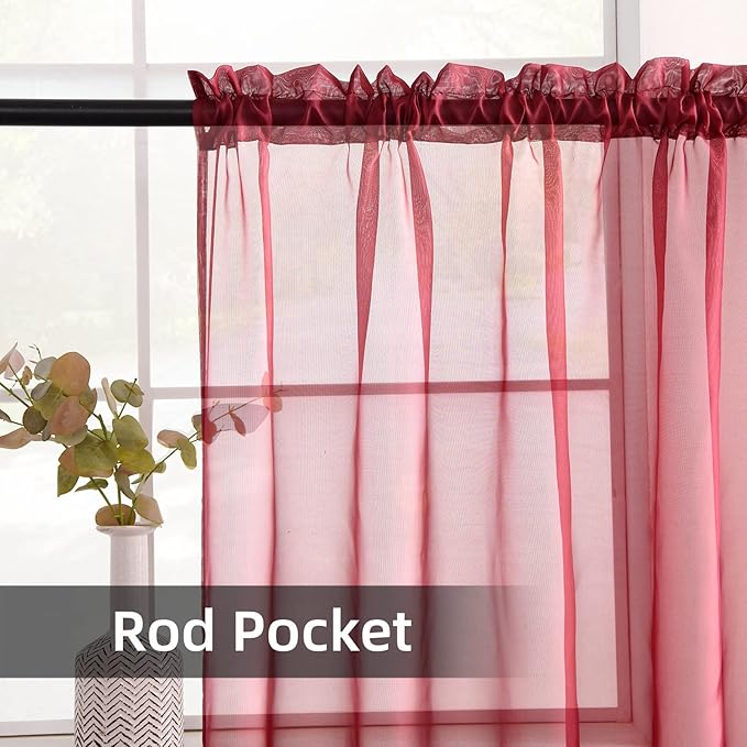 youleyar Solid Sheer Rod Pocket Curtain Voile Draperies 2 Panels White Beige Black Grey Coffee 52 Inch Width 54 Inch Long 1 Pair for Kitchen Bedroom Children Living Room Yard (Wine Red,52Wｘ54L)