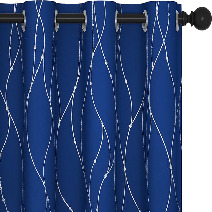 Deconovo Blackout Curtains, 52 x 54 Inch Drapes for Kitchen with Wave Dots Silver Print, Soundproof Thermal Insulated Window Curtain for Small Windows Nursery, Set of 2, Machine Washable, Royal Blue