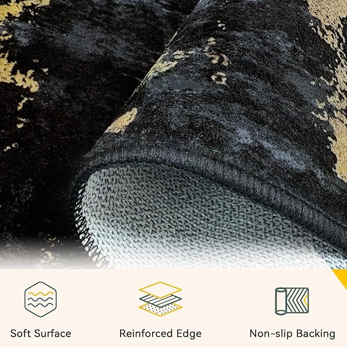 Washable Area Rugs 2'x5' Non-Slip Modern Abstract Soft for Living Room Entryway Bedroom Nursery, Print Pattern, Dark Black Gold