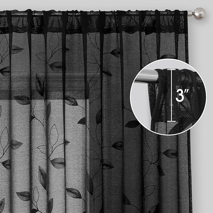 HOMEIDEAS Black Sheer Curtains 52 X 96 Inches Length 2 Panels Black Embroidered Leaf Pattern Gothic Faux Linen Floral Semi Sheer Voile Window Curtains/Drapes for Bedroom Living Room