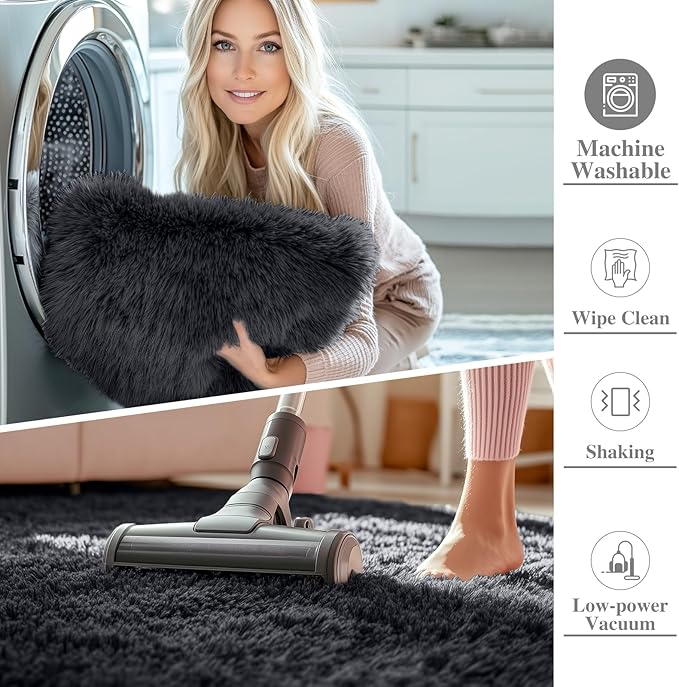 OLANLY 7x7 Machine Washable Large Area Rugs for Living Room, Bedroom, Soft Fluffy Shaggy Bedside Rug, Indoor Floor Carpet for Kids Girls and Boys, Dorms, Nursery, Home Decor Aesthetic, Black