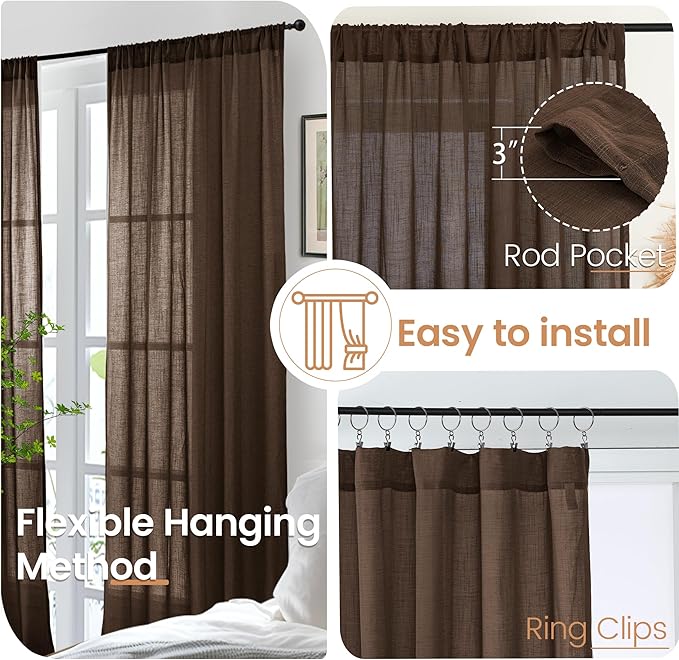 BGment Brown Linen Kitchen Curtains 40 Inch Length, Small Semi Sheer Drapes Textured for Cafe Window Over Sink Bathroom Decor Lightweight Rod Pocket, 2 Panels Set, Each 30 Inch Wide