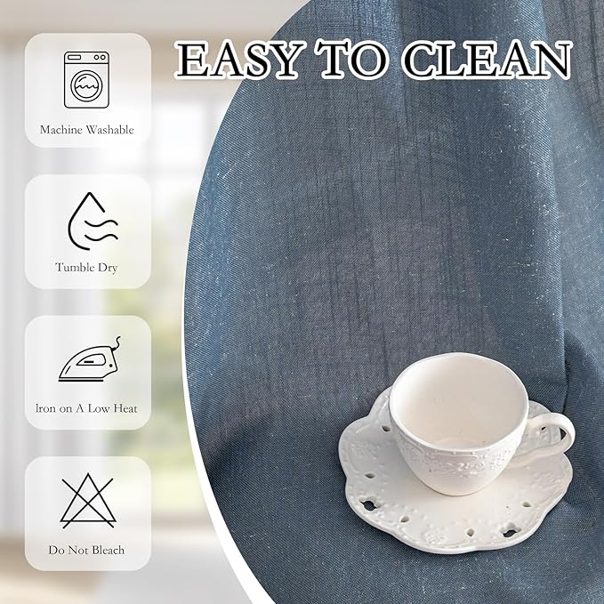 MYSKY HOME Living Room Curtains 90 Inches Long Farmhouse Light Filtering Privacy Curtain Drapes for Patio Door, Linen Look Texture Fabric Bohemian Draperies Soft Touch, 100" Wide, Dusty Blue, 1 Pieces