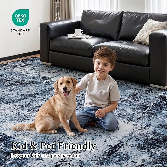 Rugflix 8x10 Area Rugs for Living Room, Washable Large Rug Stain-Resistant Low Pile, Modern Dark Carpet for Dining Room Home Office Kid Room Nursery Bedroom, Navy Blue/Black