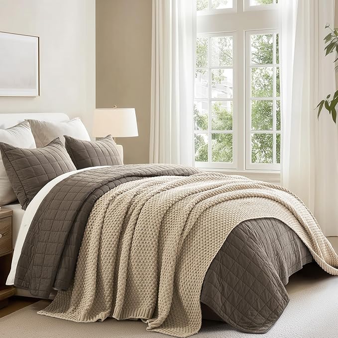 EVERGRACEHOME Chunky Chenille Knit Throw Blanket for Couch, Soft Luxurious Oversized King Moss Stitch Blanket for Bed, Large Cozy Farmhouse Knitted Throw for Sofa, Sand Dune, 92" x 108"