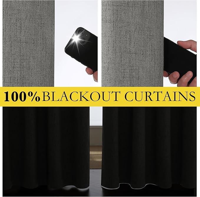 NICETOWN Grizzle Gray Vintage Linen 100% Blackout Curtains for Living Room, Thermal Insulated Curtains 84" Long, Noise Reducing Window Treatment Drapes for Hall Room, 42" Wide Per Panel, Set of 2
