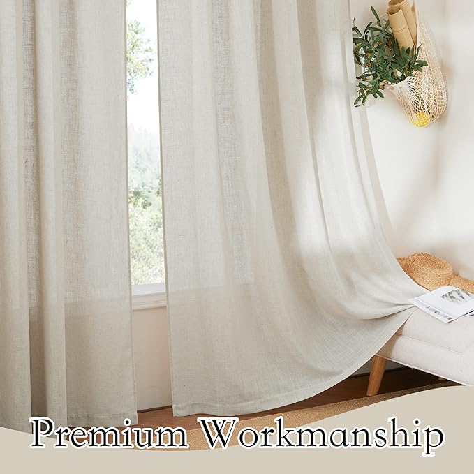 RYB HOME Sheer Linen Curtains, Small Light & Privacy Semi Translucent Curtains Sheer Faux Linen Vintage Drapes for Bedroom, RV Camper, Laundry, Party, W 52" x L 36", 2 Pcs, Angora