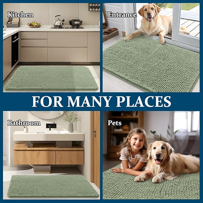 OLANLY Dog Door Mat for Muddy Paws 47x17, Absorbs Moisture and Dirt, Absorbent Non-Slip Washable Doormat, Quick Dry Chenille Mud Mat for Dogs, Entry Indoor Entryway Carpet for Inside Floor, Sage Green