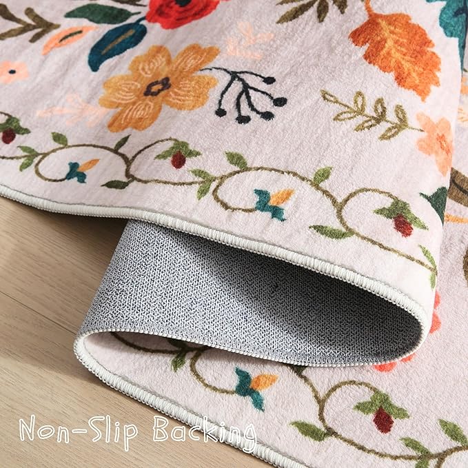 Rugcomf Area Rugs 8x10 Rug for Living Room Clearance Washable Boho Area Rug Non Slip Floral Vintage Low Pile Large Rug for Living Room, Bedroom, Farmhouse, Dining Room, Kids Playroom(Beige)
