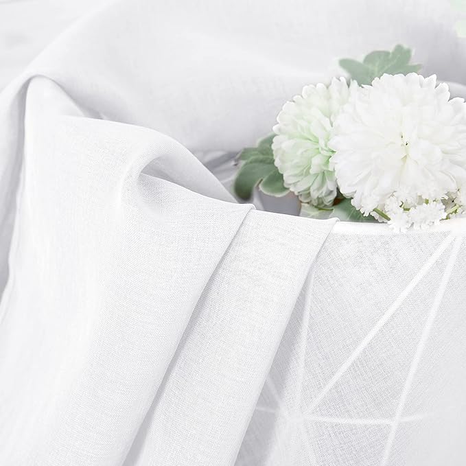 Tollpiz Short Sheer Tier Curtains Linen Textured Half Kitchen Curtain Sheers Light Filtering Rod Pocket Voile Small Curtain for Bathroom, 25 x 24 inches Long, White, Set of 2 Panels