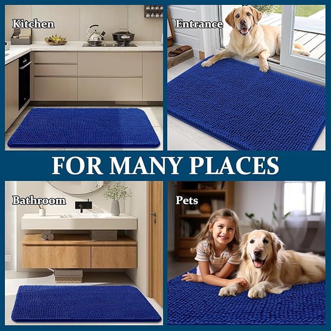OLANLY Dog Door Mat for Muddy Paws 48x30, Absorbs Moisture and Dirt, Absorbent Non-Slip Washable Doormat, Quick Dry Chenille Mud Mat for Dogs, Entry Indoor Entryway Carpet for Inside Floor, Royal Blue