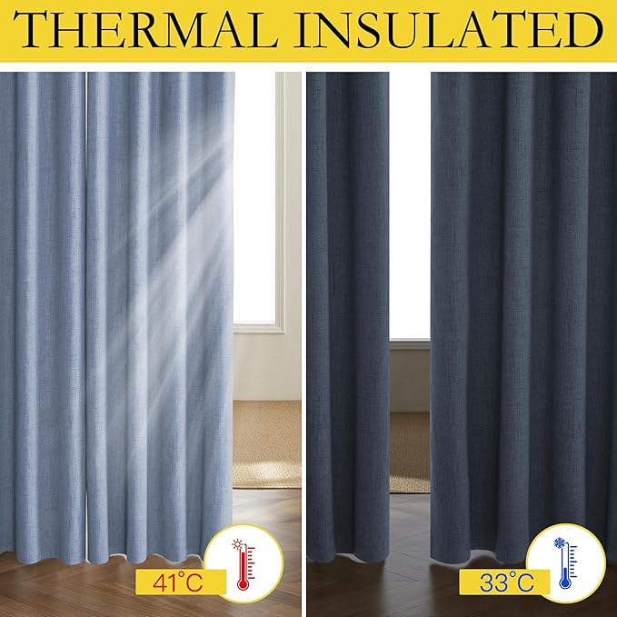 NICETOWN Stone Blue Vintage Linen 100% Blackout Curtains for Living Room, Thermal Insulated Curtains 84" Long, Noise Reducing Window Treatment Drapes for Dining Room, 62" Wide Per Panel, Set of 2