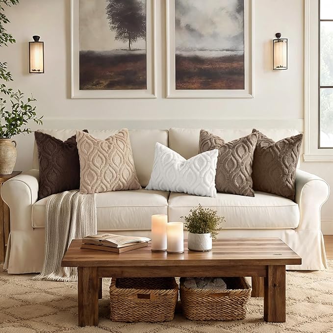 decorUhome Throw Pillow Covers 16x16 Inch Set of 2, Soft Plush Faux Wool Brown Solid Couch Pillow Covers, Accent Farmhouse Neutral Square Pillow Cases for Sofa Bed Living Room