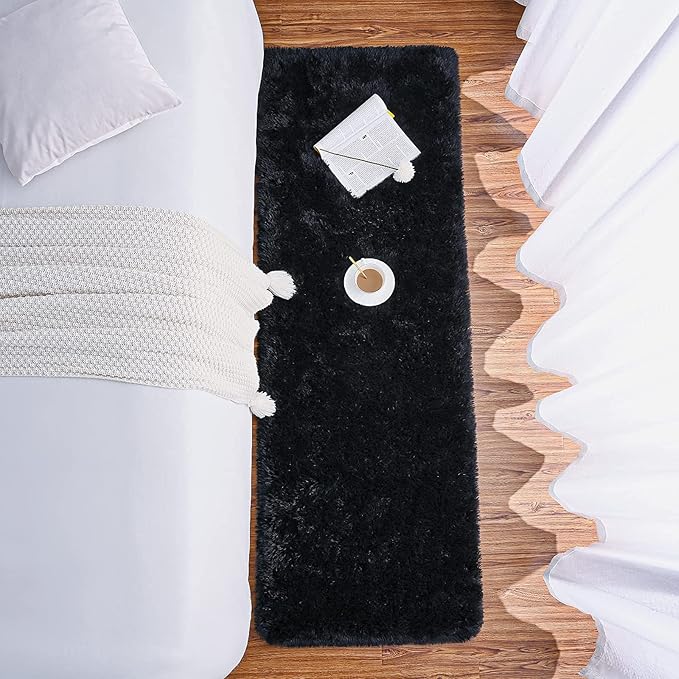 Chicrug Soft Runner Rugs for Bedroom Living Room Plush Fluffy Rug 2x6 Feet, Shag Furry Area Rug Carpet Non Shedding for Nursery Children Kids Girls Room Home Decorative, Black