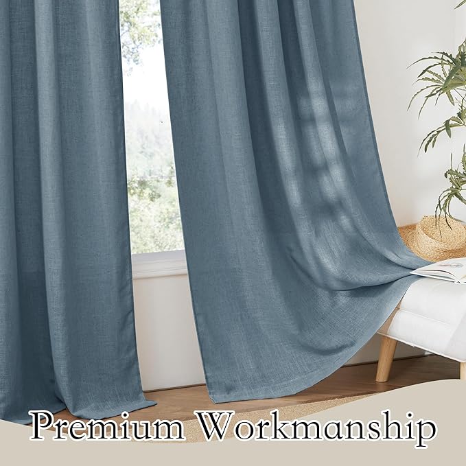 RYB HOME Blue Sheer Curtains - Linen Wave Texture Half Privacy Sheer Curtains Light Airy Vertical Drapes Small Window Treatment for Bedroom Bathroom Living Room, Stone Blue, W 52 x L 45 inch, 2 Panels
