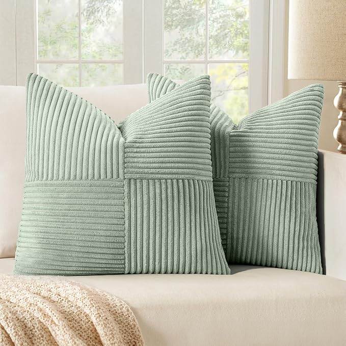 MIULEE Mint Decorative Throw Pillow Covers 20x20 Inch for Couch Bed Sofa Pack of 2 Boho Farmhouse Throw Pillows Soft Cross Corduroy Patchwork Textured Cushion Cases