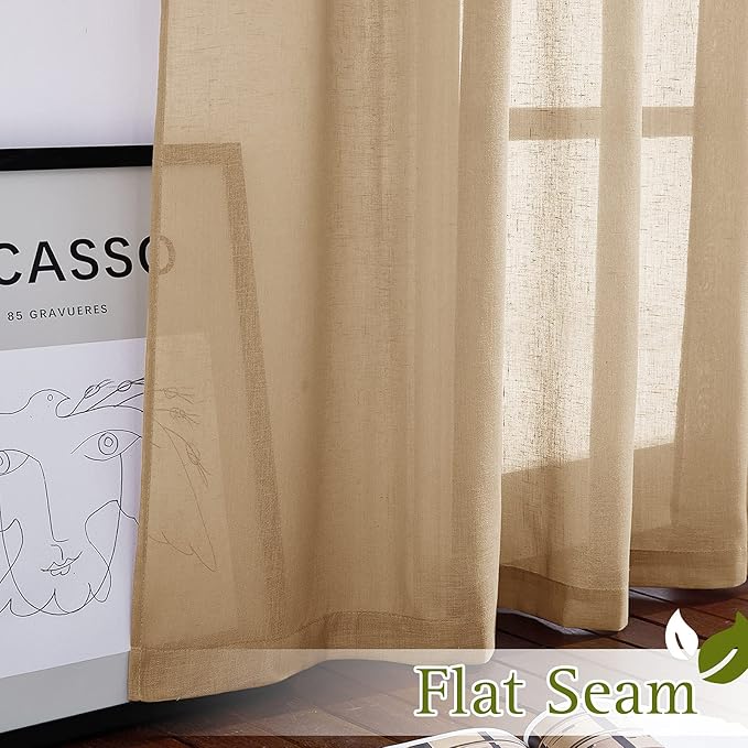 NICETOWN Sheer Linen Curtains Flax Texture 90 inch Long, Grommet Semi Sheer Window Treatments Privacy with Light Filtering Drapes for Bedroom/Living Room, Camel, W52 x L90, 2 Panels