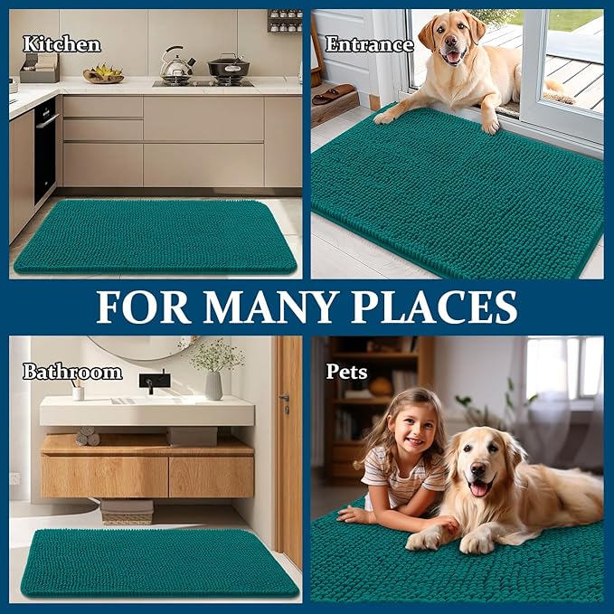 OLANLY Dog Door Mat for Muddy Paws 44x32, Absorbs Moisture and Dirt, Absorbent Non-Slip Washable Doormat, Quick Dry Chenille Mud Mat for Dogs, Entry Indoor Entryway Carpet for Inside Floor, Lake Blue