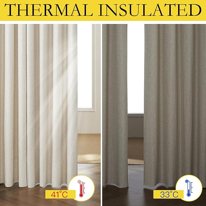 NICETOWN Farmhouse Style 100% Blackout Natural Linen Curtains 90 inches Length, 2 Panels, 62" W, Room Cooling Window Draperies with Thermal Insulated Liners for Dining Room