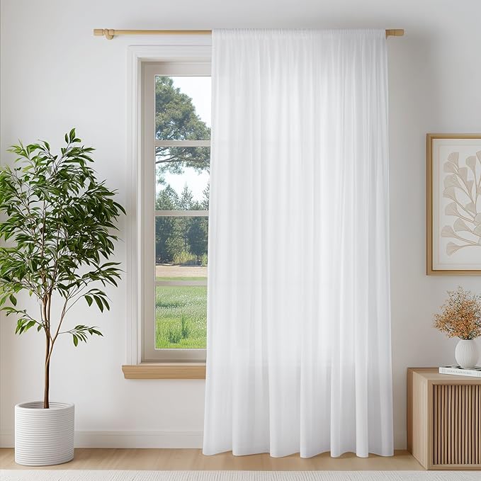 FMFUNCTEX Sheer Non-See-Through White Curtains for Bedroom, Sliding Door Curtains 96 Inches Long Privacy Window Curtain Drapes for Living Room, Patio Glass Door Extra Wide Curtain, Rod Pocket 1 Panel