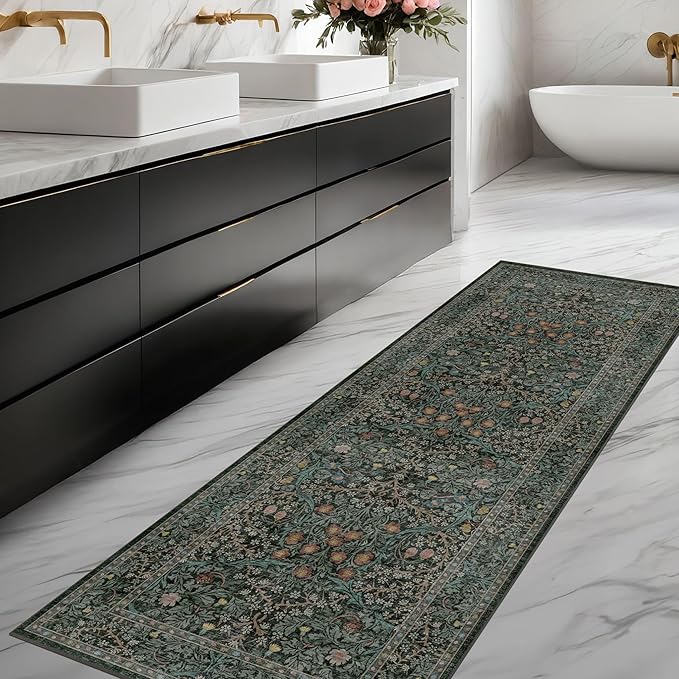 Dark Green 2x5 Runner Rug Non Slip Washable for Bathroom, Kitchen, Floral Boho Low Pile Entryway Rug, Door Mat Indoor Entrance, Small Carpet Runner for Laundry Room