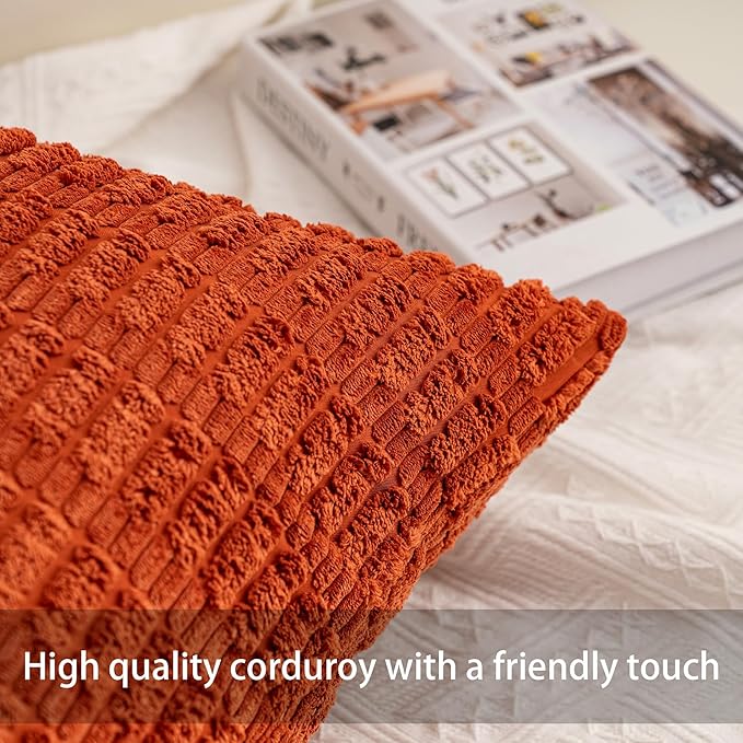Pack of 2 Corduroy Decorative Throw Pillow Covers 16x16 Inch Soft Striped Pillow Covers Modern Farmhouse Home Decor for Sofa Living Room Couch Bed（Rust）