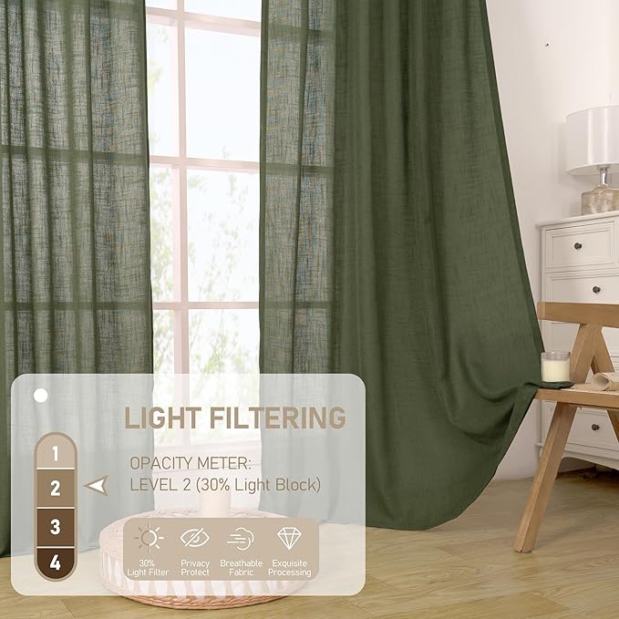 LAMIT Olive Green Linen Curtains for Living Room 84 inch Length 2 Panels, Light Filtering Semi Sheer Drapes Back Tab and Rod Pocket Christmas Panels for Bedroom/Sliding Glass Door, 52 x 84 Inch
