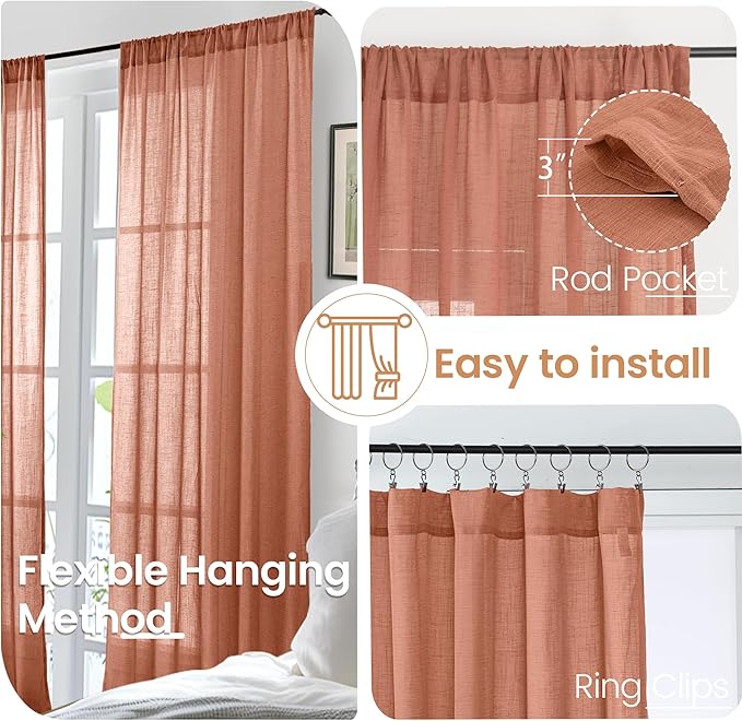 BGment Rust Terracotta Linen Curtains 45 Inch Length, Burnt Orange Semi Sheer Drapes for Bathroom Short Living Room Windows Lightweight with Rod Pocket, 2 Panels Set, Each 42 Inch Wide