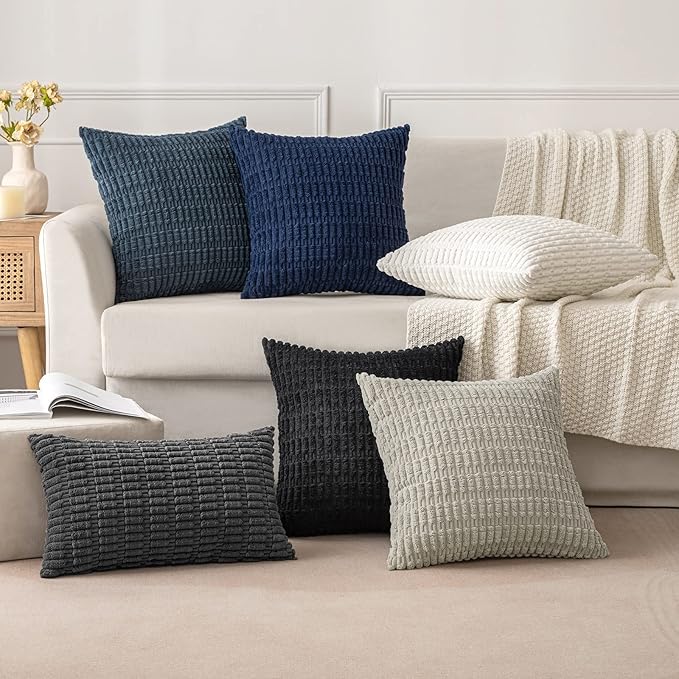 MIULEE Pack of 2 Corduroy Decorative Throw Pillow Covers 20x20 Inch Soft Boho Striped Pillow Covers Modern Farmhouse Home Decor for Summer Coastal Sofa Living Room Couch Bed Dark Blue