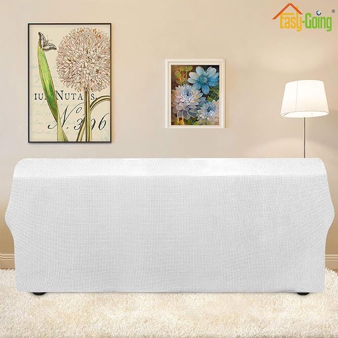 Easy-Going Stretch Sofa Slipcover 1-Piece Sofa Cover Furniture Protector Couch Soft with Elastic Bottom for Kids, Polyester Spandex Jacquard Fabric Small Checks (Sofa, Snow White)