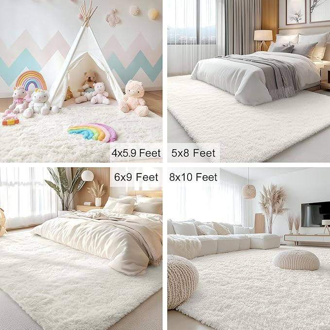 OLANLY 7x9 Machine Washable Large Area Rugs for Living Room, Bedroom, Soft Fluffy Shaggy Bedside Rug, Indoor Floor Carpet for Kids Girls and Boys, Dorms, Nursery, Home Decor Aesthetic, Ivory