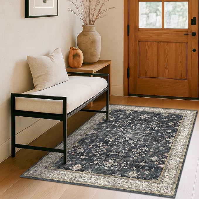 Boho Washable 4x6 Entryway Rug - Non-Slip Low Pile Geometric Area Rug for Living Room, Large Kitchen, Bedroom, Office - Ultra Soft Dark Modern Aesthetic Decor, Black & Multi