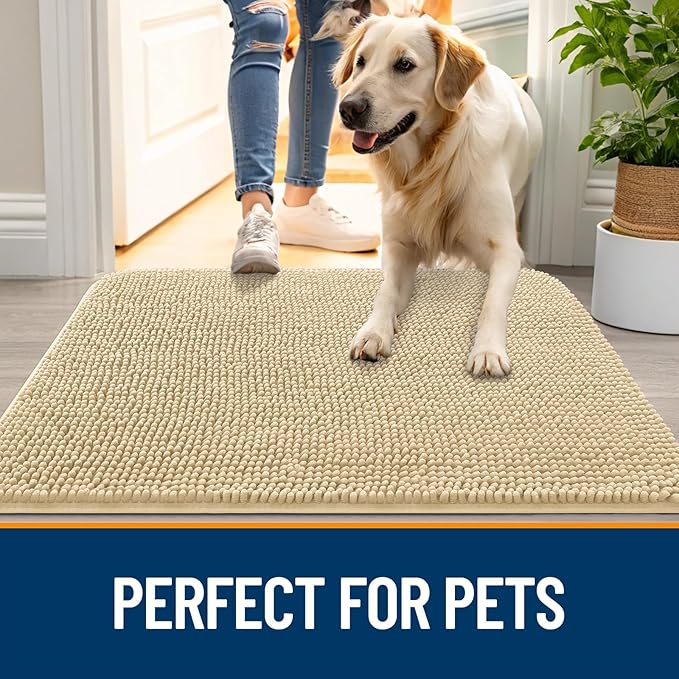 OLANLY Dog Door Mat for Muddy Paws 44x32, Absorbs Moisture and Dirt, Absorbent Non-Slip Washable Doormat, Quick Dry Chenille Mud Mat for Dogs, Entry Indoor Entryway Carpet for Inside Floor, Sand