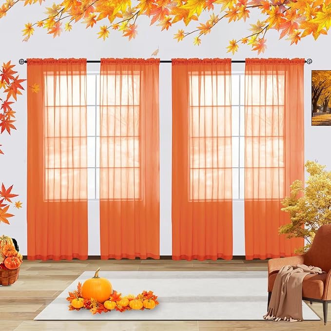youleyar Solid Sheer Rod Pocket Curtain Voile Draperies 4 Panels White Beige Black Grey Ivory 52 Inch Width 63 Inch Long 1 Pair for Kitchen Bedroom Children Living Room Yard(Burnt Orange,52 Wｘ63 L)