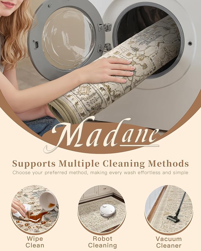 Madane 6x9 Area Rugs for Living Room, Stain Resistant Washable Rugs, Non-Slip Backing Area Rug, Vintage Home Decor Rug for Bedroom (Beige/Blue, 6'x9')