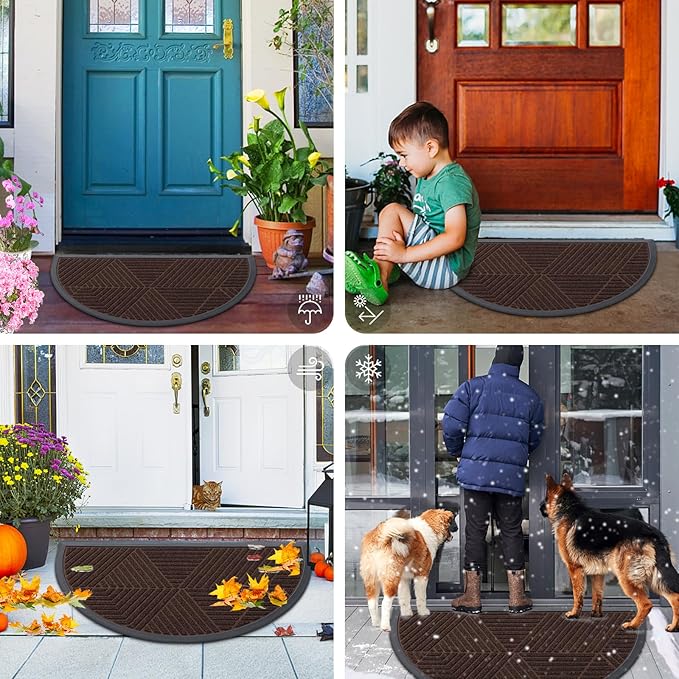 Smiry Half Circle Front Door Mat Outside Entrance, Heavy Duty Sturdy Natural Rubber Doormat, Trap Dirt and Moisture, Low Profile Mats for Indoor Outdoor Entry, Irregular Triangle (29.5x17, Dark Brown)