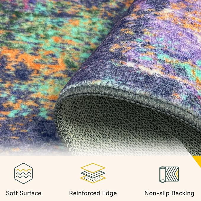 Washable Area Rugs 5'x8' Non-Slip Modern Abstract Soft for Living Room Entryway Bedroom Nursery, Print Pattern, Purple Orange Blue Green Rust Red Colorful