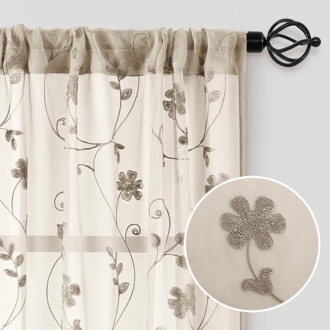 HOMEIDEAS Taupe Sheer Curtains 63 Inches Length 2 Panels Beige Embroidered Floral Pattern Semi Sheer Window Curtains for Bedroom Living Room