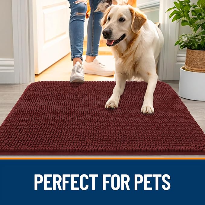 OLANLY Dog Door Mat for Muddy Paws 47x24, Absorbs Moisture and Dirt, Absorbent Non-Slip Washable Doormat, Quick Dry Chenille Mud Mat, Entry Indoor Entryway Carpet for Inside Floor, Caramel Russet