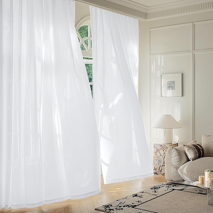 FMFUNCTEX Sheer Non-See-Through White Curtains for Bedroom, Sliding Door Curtains 84 Inches Long Privacy Window Curtain Drapes for Living Room, Patio Glass Door Extra Wide Curtain, Rod Pocket 1 Panel