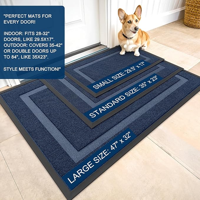 OLANLY Front Door Mat Indoor Outdoor Entrance, Waterproof All-Season, All-Weather Doormat, Sturdy Natural Rubber, Fade Resistant, Low Profile, Easy Clean Patio Porch Entryway Mat, 23.5x15.5, Blue