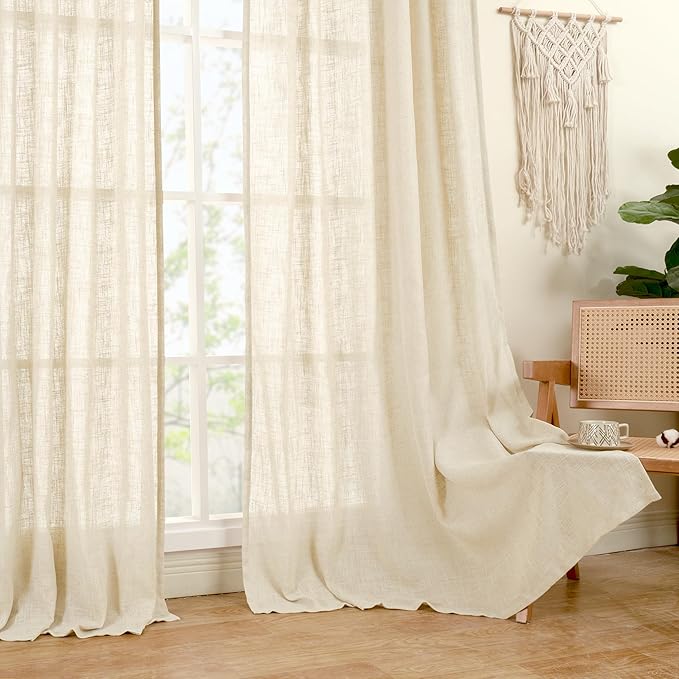 LAMIT Linen Curtains 63 Inch for Bedroom, Light Filtering Neutral Semi Sheer Window Curtains Back Tab and Rod Pocket Panels for Living Room, 2 Panels, Beige, 60 x 63 Inch