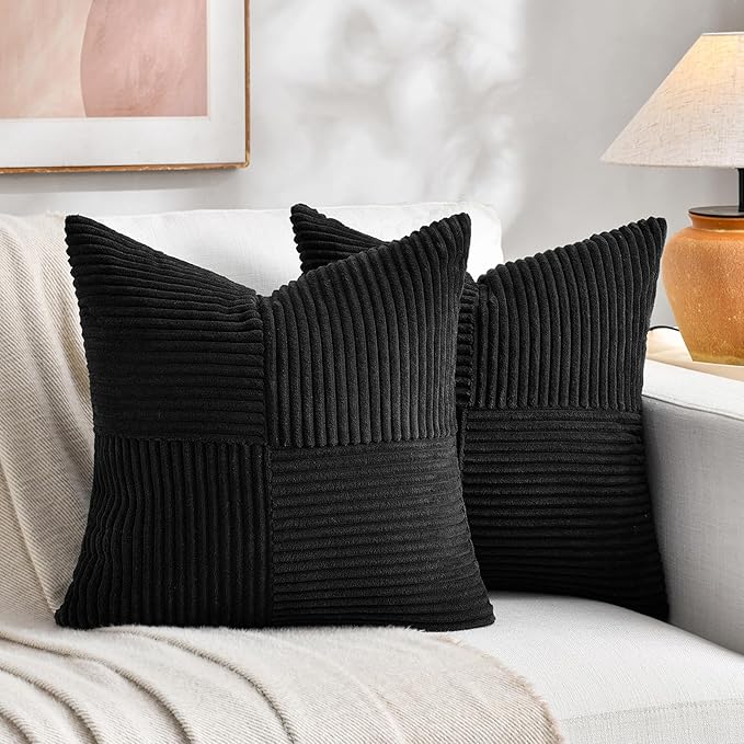 Fancy Homi 2 Packs Black Decorative Throw Pillow Covers 22x22 Inch for Living Room Couch Bed Sofa, Rustic Farmhouse Boho Home Decor, Soft Corss Corduroy Patchwork Accent Square Cushion Case 55x55 cm