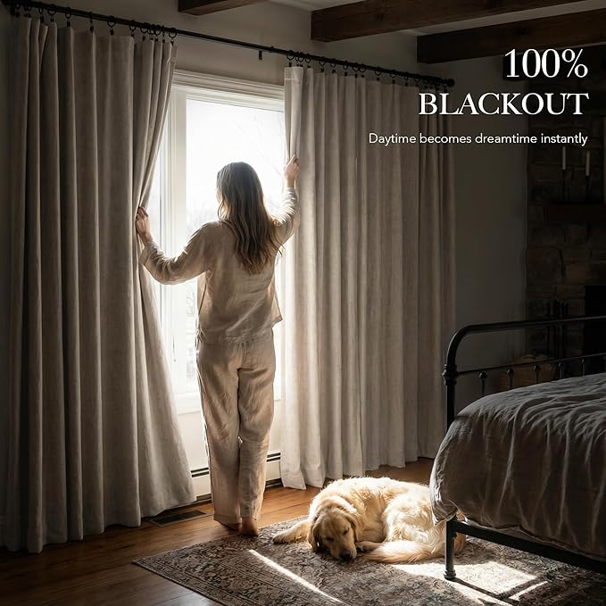 RYB HOME 100% Blackout Linen Curtains 102 Inch Long, Thermal Insulated Privacy Drapes for Bedroom/Living Room/Dining/Patio/Sliding Glass Door/Home Theater, W52 x L102, Natural Beige, 2 Panels