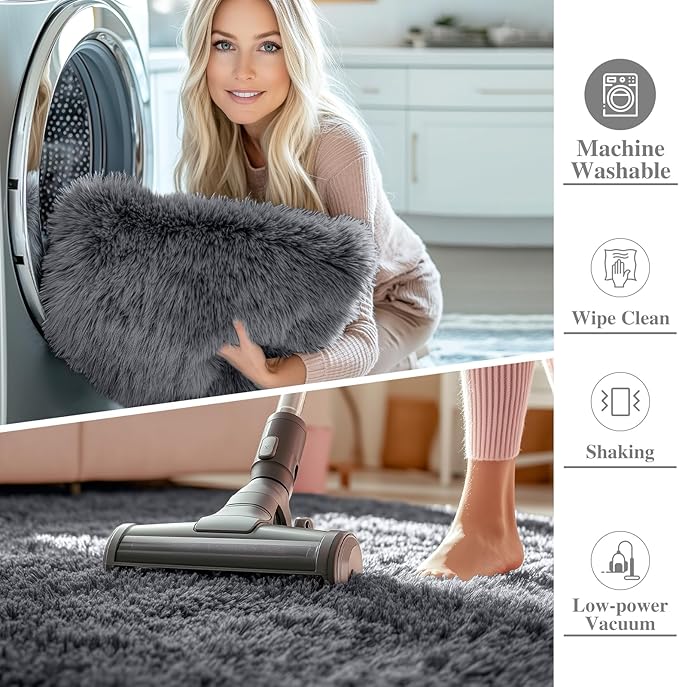OLANLY 8x12 Machine Washable Large Area Rugs for Living Room, Bedroom, Soft Fluffy Shaggy Bedside Rug, Indoor Floor Carpet for Kids Girls and Boys, Dorms, Nursery, Home Decor Aesthetic, Grey